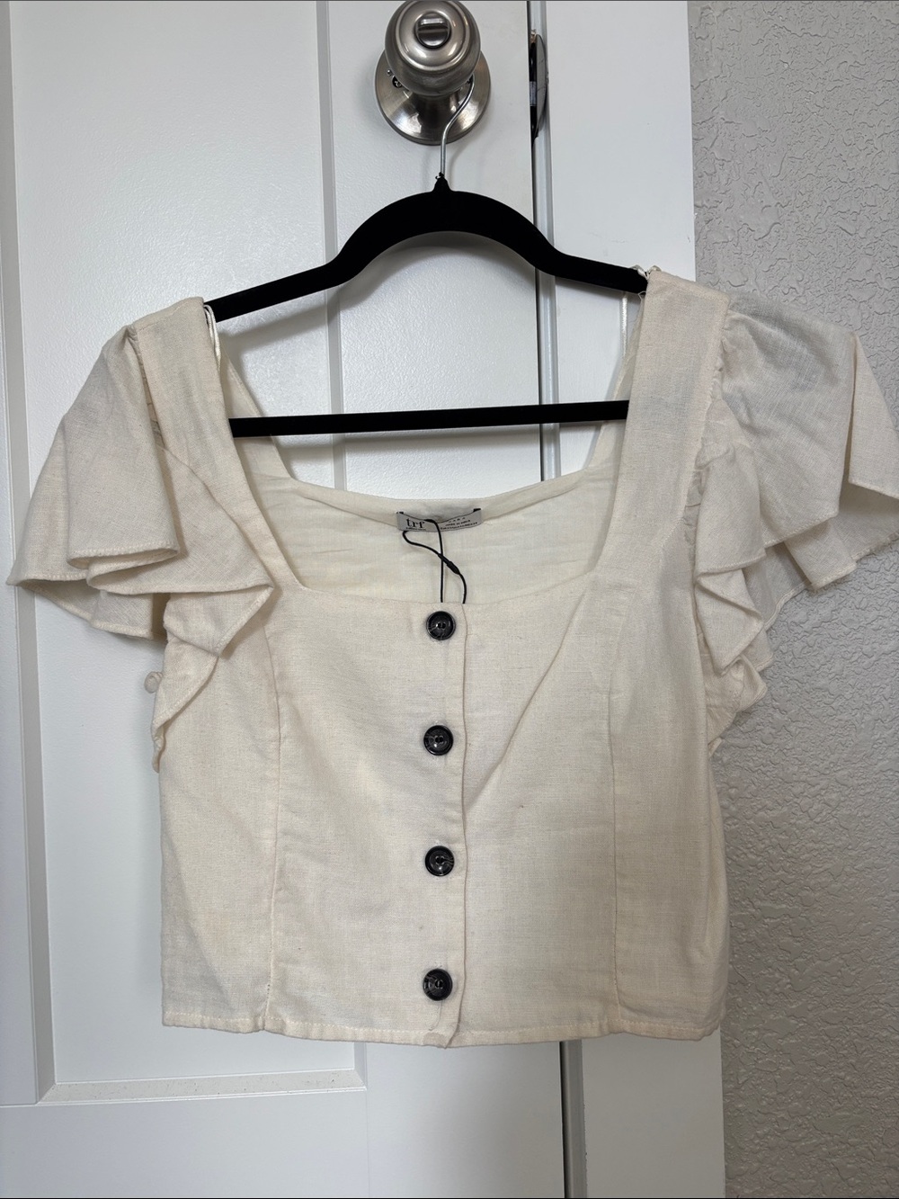Zara Cream Button-Front Ruffle Sleeve Cotton Linen Crop Top